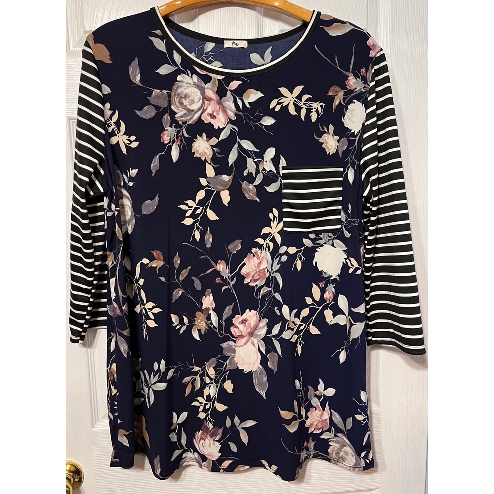 Egs Womens‎ 3XL Navy Blue Floral Striped Mixed Pattern Tunic Top Boho Artsy